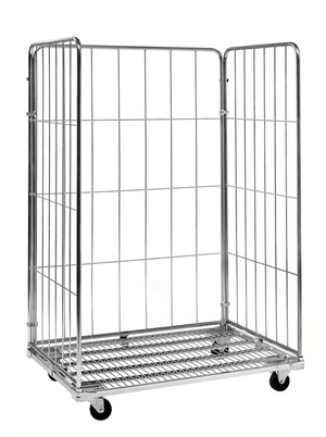 3-sided galvanised steel roll container with 400kg load capacity and 100mm castors
