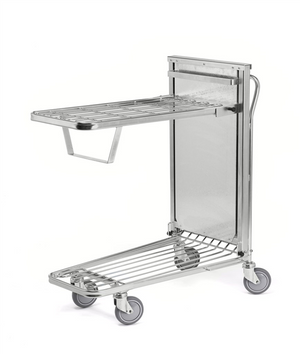 Stackable shop trolley with fold-up upper shelf and 100kg capacity by