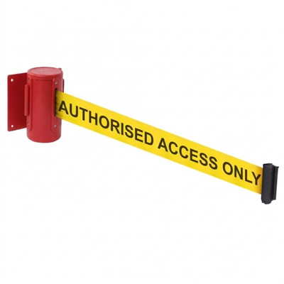 Wall Mounted Retractable Belt Barrier with Printed Message – Red